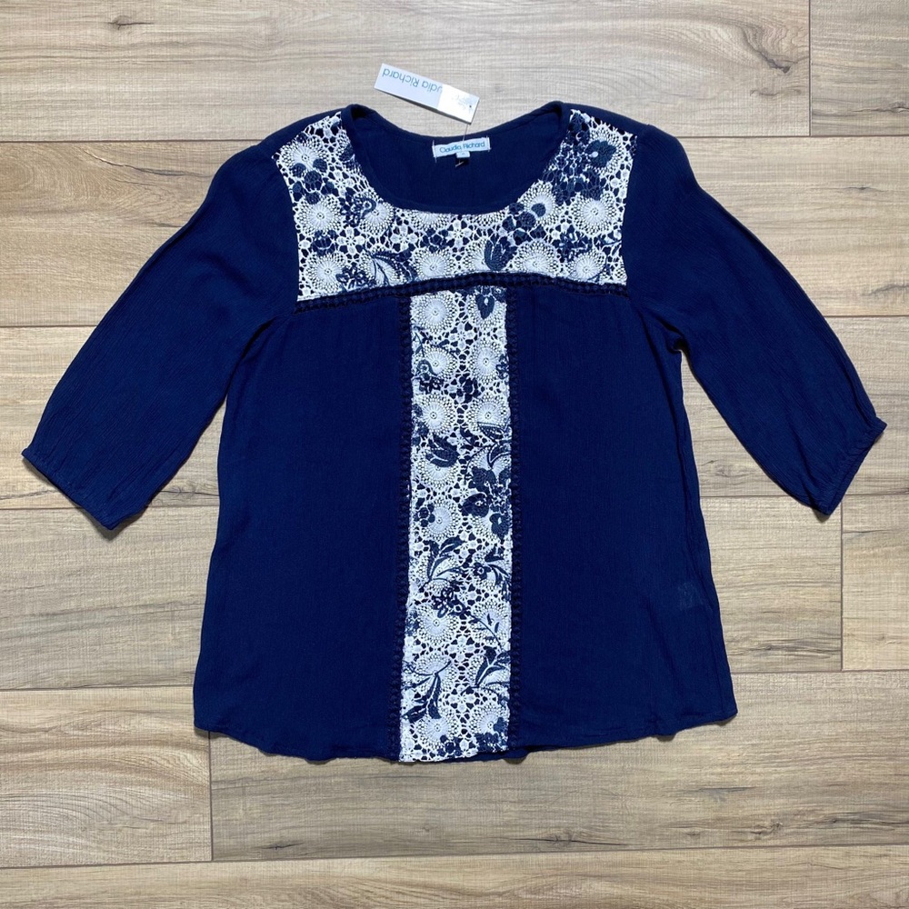 Claudia Richard‎ Womens 3/4 Sleeve Top With Crochet Detail Size Small Navy Blue